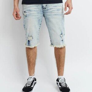 REASON Thatcher Distressed Light Wash Denim Short Size 34 Icy Blue
